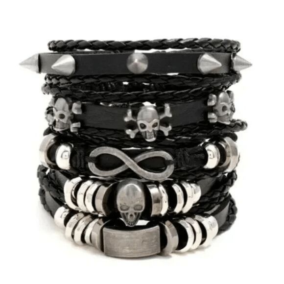 BLACK LEATHER SKULL INFINITY SPIKE BRACELET SET - Picture 3 of 5